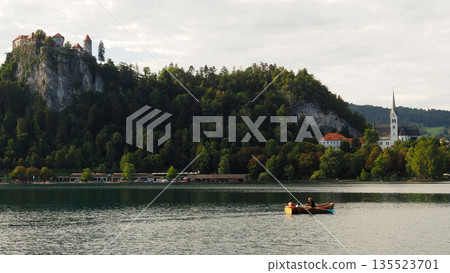 Scenic View of Lake Bled with Church on Bled Island, Slovenia Scenic View of Lake Bled with Church on Bled Island, Slovenia 135523701