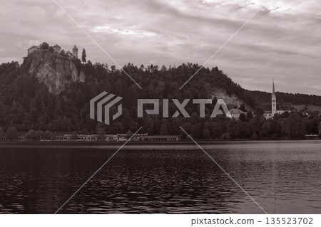 Scenic View of Lake Bled with Church on Bled Island, Slovenia 135523702