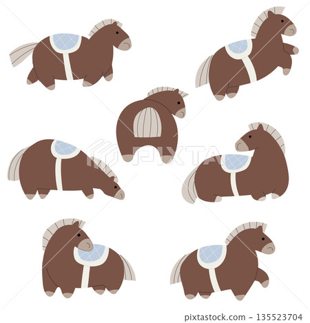 A set of cute chubby horses illustrates in different poses - standing, running, side view, back view. 135523704