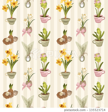 Hand-drawn Easter seamless pattern with spring flowers like daffodil, hyacinth and crocus, eggs and nest on striped background 135523714