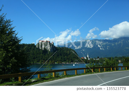 Scenic View of Lake Bled with Church on Bled Island, Slovenia Scenic View of Lake Bled with Church on Bled Island, Slovenia 135523778