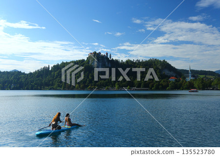 Scenic View of Lake Bled with Church on Bled Island, Slovenia 135523780