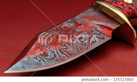 Damascus steel knife blade showing intricate red and silver pattern Damascus steel knife blade showing intricate red and silver pattern 135523803