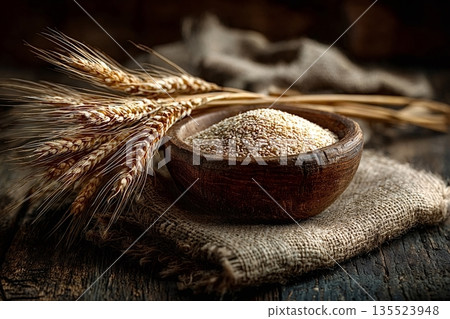Wheat and semolina in rustic wooden bowl on burlap sack 135523948