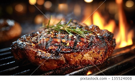 Grilled ribeye steak cooking on barbecue grill with flames 135524008