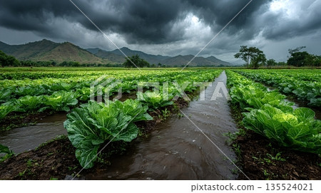 Water flowing between rows of napa cabbage in a field under stormy sky 135524021