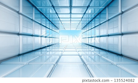 Futuristic Glass Corridor with Blue Light and Symmetrical Perspective Futuristic Glass Corridor with Blue Light and Symmetrical Perspective 135524082