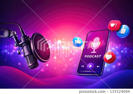 Podcast Concept with Microphone and Smartphone Interface Podcast Concept with Microphone and Smartphone Interface 135524094