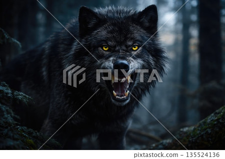 Angry Black Wolf Growling in Dark Forest, Wildlife and Danger Concept 135524136