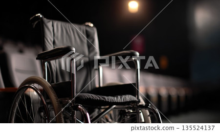 Empty Wheelchair in Dark Theater, Symbol of Accessibility and Social Inclusion 135524137
