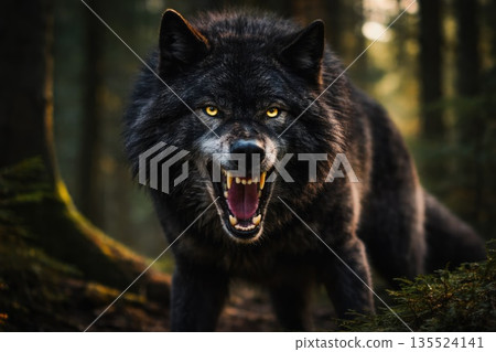 Aggressive Black Wolf Showing Teeth in Dark Forest Aggressive Black Wolf Showing Teeth in Dark Forest 135524141