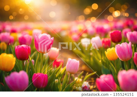 Colorful Spring Tulip Field with Sunlight and Bokeh Background Colorful Spring Tulip Field with Sunlight and Bokeh Background 135524151