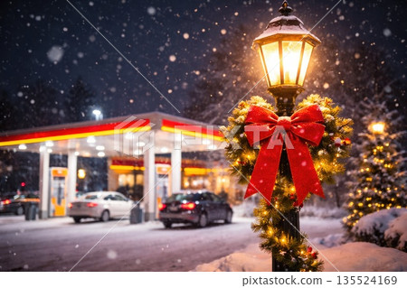 Snowy Gas Station with Christmas Lights and Decorations Snowy Gas Station with Christmas Lights and Decorations 135524169