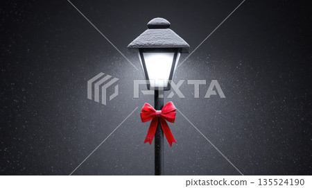 Winter Street Lamp with Red Bow in Falling Snow, Festive Night Scene 135524190