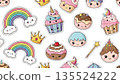 Collection of cute stickers featuring cupcakes, rainbows, and crowns on a white background used for decoration or crafting purposes 135524222