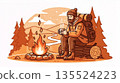 Man sits by campfire in forest while holding mug while wearing backpack in evening with trees and mountains in background near river 135524223