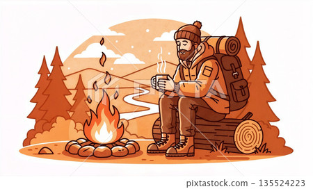 Man sits by campfire in forest while holding mug while wearing backpack in evening with trees and mountains in background near river 135524223