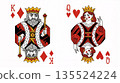 Playing card images showing King of Diamonds and Queen of Hearts in a classic design from a standard deck at a game table 135524224