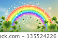 Colorful rainbow arches over green clovers in a bright sky with sparkling lights and soft clouds during daytime 135524226