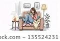Woman reading a book while sitting on a couch in a cozy living room with soft lighting, a table, and plants 135524231