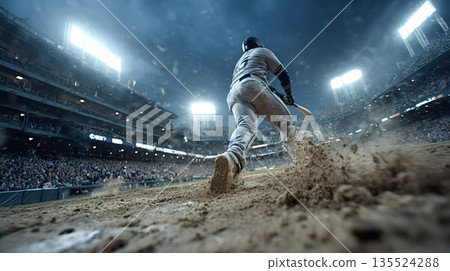 Baseball player running to first base after hitting ball in crowded stadium Baseball player running to first base after hitting ball in crowded stadium 135524288