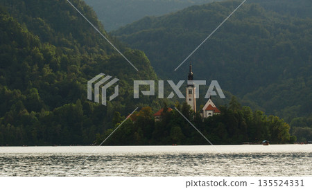 Scenic View of Lake Bled with Church on Bled Island, Slovenia 135524331