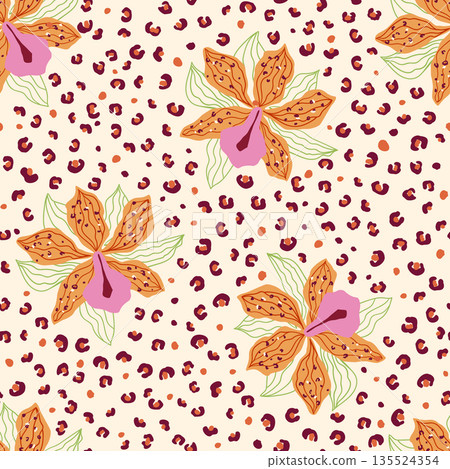 Hand painted leopard floral seamless pattern. Vector tropical summer beach print, textile design. 135524354