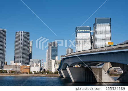 東京灣豐洲的晴海橋和高層公寓大樓 東京灣豐洲的晴海橋和高層公寓大樓 135524389