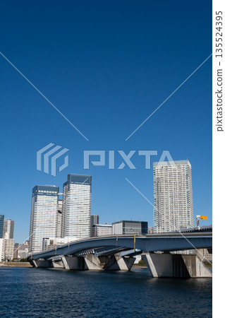 東京灣豐洲的晴海橋和高層公寓大樓 135524395