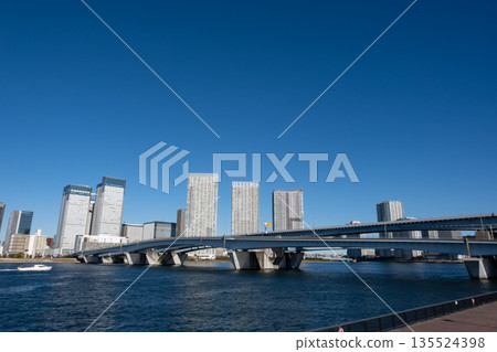 Harumi Bridge and high-rise apartment buildings in Toyosu, Tokyo Bay Area Harumi Bridge and high-rise apartment buildings in Toyosu, Tokyo Bay Area 135524398