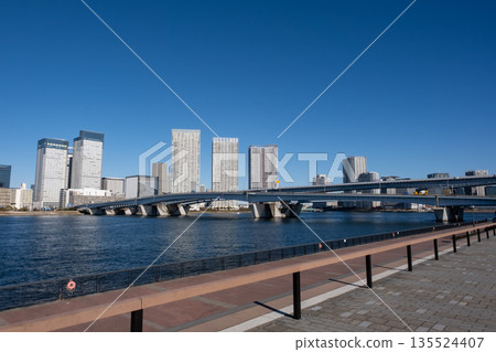 東京灣豐洲的晴海橋和高層公寓大樓 135524407