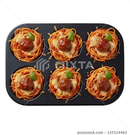 Creative baked spaghetti nests with a meatball center, cooked in a muffin tin for individual portions, isolated on transparent background 135524463