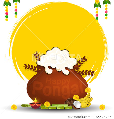 Happy Pongal Traditional Clay Pot with Overflowing Rice and Festive Decorations Vector Illustration 135524786