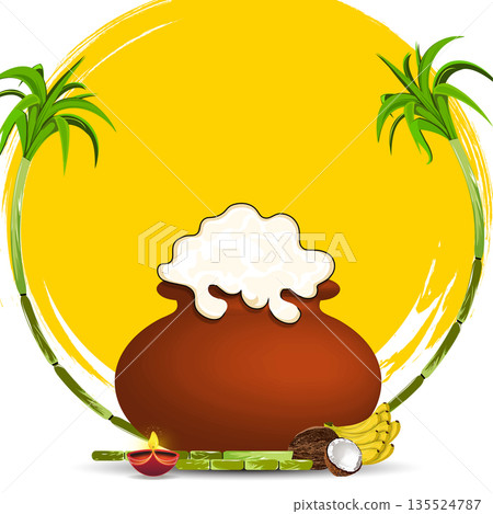 Happy Pongal Festival Illustration with Plain Clay Pot, Overflowing Rice and Sugarcane on Yellow Background Happy Pongal Festival Illustration with Plain Clay Pot, Overflowing Rice and Sugarcane on Yellow Background 135524787