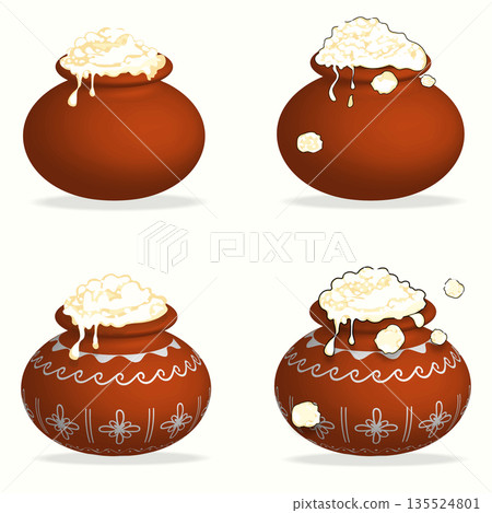Set of Four Traditional Pongal Clay Pots with Decorated and Plain Designs and Overflowing Rice Vector Illustration 135524801