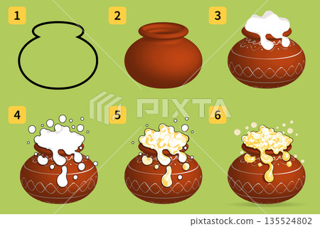 Step by Step Process of Drawing a Traditional Pongal Pot Illustration 135524802