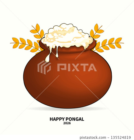 Happy Pongal 2026 Greeting Card Design with Traditional Clay Pot and Overflowing Rice Vector Illustration 135524819