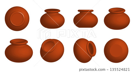 Traditional Pongal Clay Pot Vector Illustration Set with Multiple Views Traditional Pongal Clay Pot Vector Illustration Set with Multiple Views 135524821
