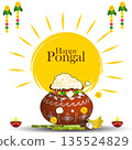 Happy pongal festival poster with clay pot, overflowing rice and sun illustration 135524829