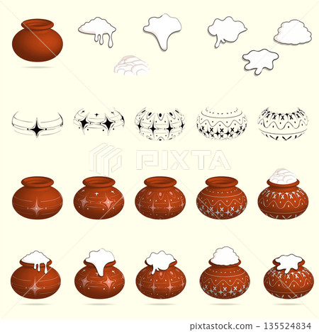 Pongal festival clay pot set with overflowing rice, multiple design vector illustrations Pongal festival clay pot set with overflowing rice, multiple design vector illustrations 135524834