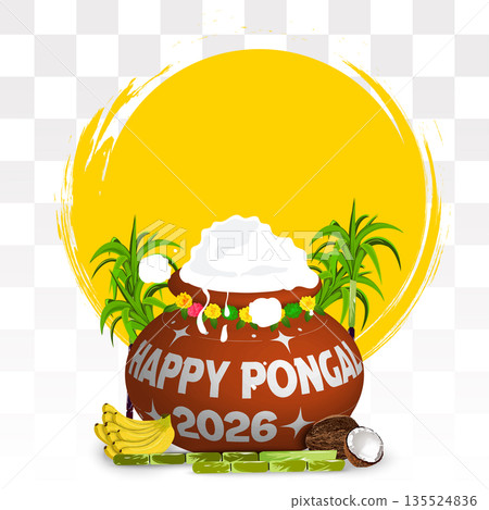 Happy Pongal 2026 Festival Illustration with Traditional Clay Pot and Sugarcane on Transparent Background Happy Pongal 2026 Festival Illustration with Traditional Clay Pot and Sugarcane on Transparent Background 135524836