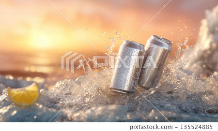 冰上的碳酸水罐和海景日落 135524885