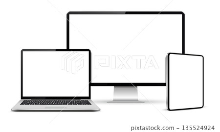 Computer display with laptop and tablet blank screen mockup Computer display with laptop and tablet blank screen mockup 135524924