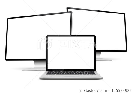 Computer monitors and laptop with blank screens. Front and side view Computer monitors and laptop with blank screens. Front and side view 135524925
