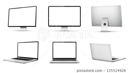 Realistic computer screen mockup. Laptop computer mockup different angles views. Realistic computer screen mockup. Laptop computer mockup different angles views. 135524926