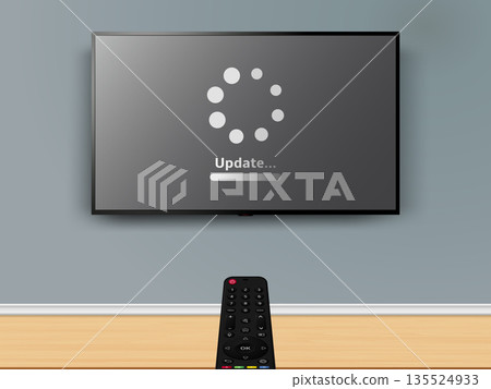 Update progress on LCD TV screen. Remote control is pointed at the TV on the wall. 135524933