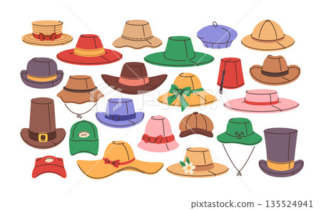 Collection of various hat styles fashion outfits with fedoras, beanies, sun caps and elegant berets 135524941