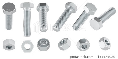 Hex bolts and nuts shown from different angles. 3D rendering Hex bolts and nuts shown from different angles. 3D rendering 135525080