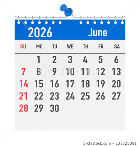 June 2026 wall calendar page. 3D rendering June 2026 wall calendar page. 3D rendering 135525081