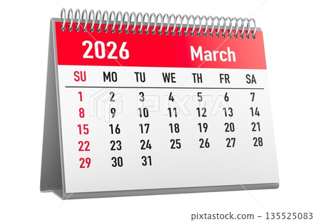 March 2026, desk calendar starting Sunday. 3D rendering March 2026, desk calendar starting Sunday. 3D rendering 135525083